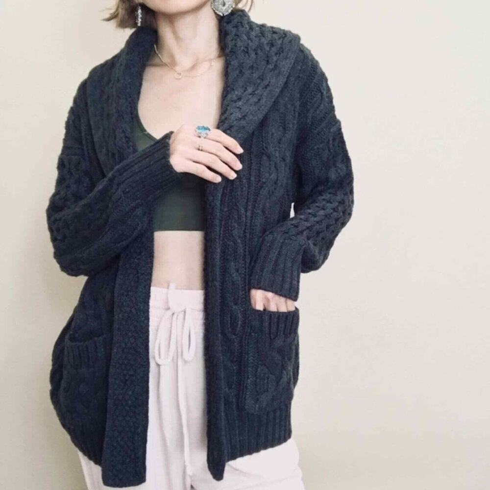 Skull Cashmere Chunky Knit Cardigan Cable Knit Grandpa Oversized Sweater, Gray